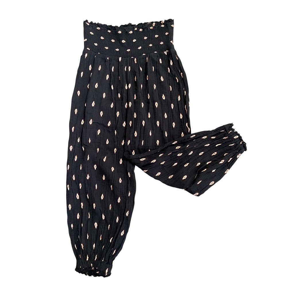 By Anthropologie Smocked High Rise Harem Jogger Pants Black Print Womens Size S